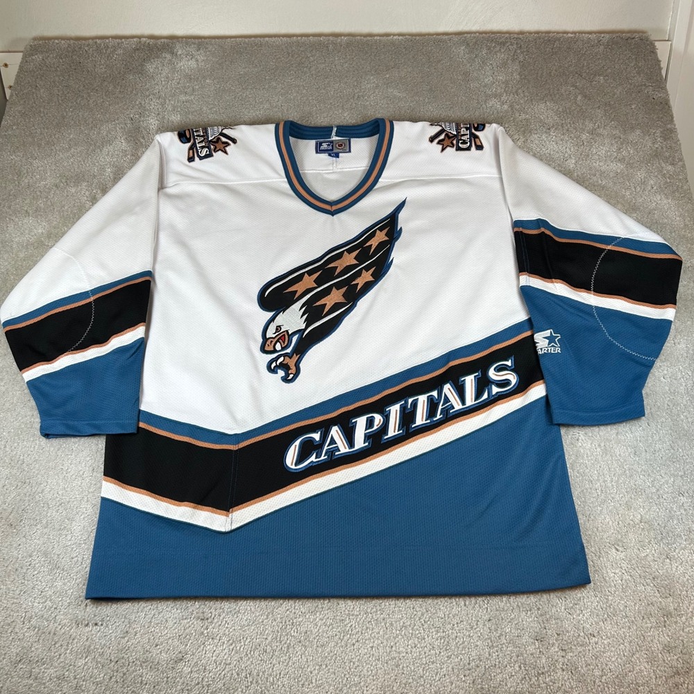Vintage Starter Washington Capitals Jersey Mens XL White Teal Screaming Eagle